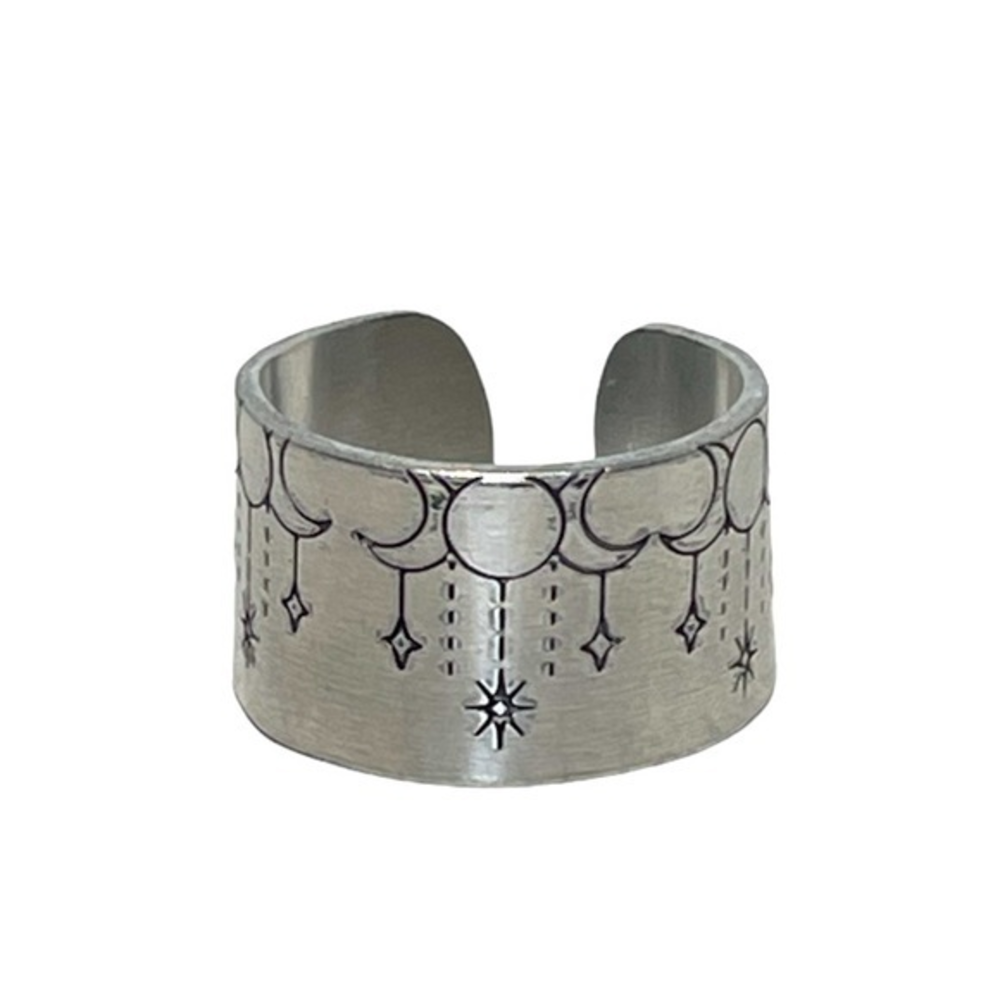 Handmade 7/8 stamped moon phases silver adjustable hypoallergenic wide cuff ring